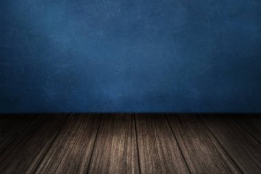 Mavi duvar ürün arka plan ile ahşap zemin