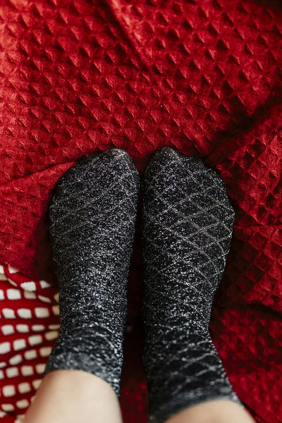 Paire Chaussettes Noires Argentées Pendant Les Vacances Noël — Photo