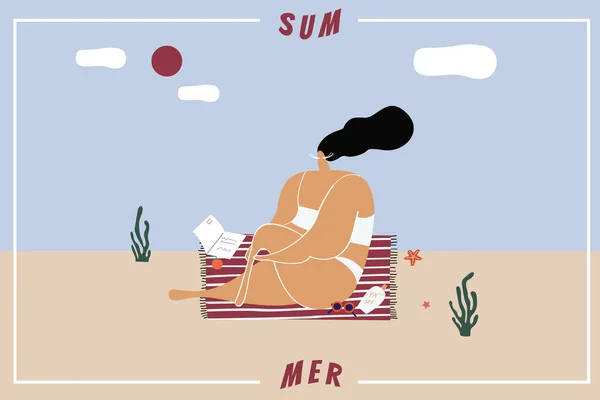 Mujer Bronceándose Vector Playa — Vector de stock