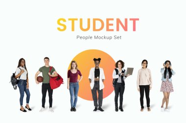 Genç öğrenci karakter mockups seti