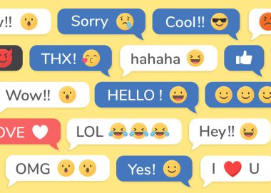 Konuşma baloncuklarındaki sosyal medya emojisi biçimlendirilmiş arkaplan vektörü