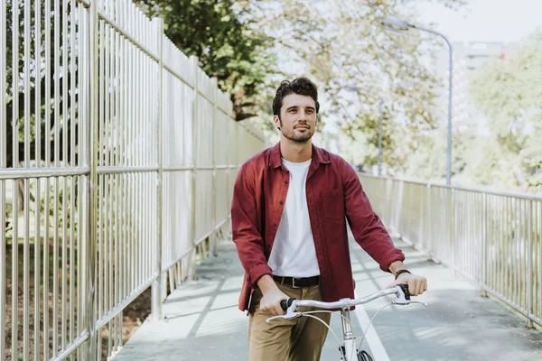 One Caucasian Man Pushing His Bicycle Park — Stock Photo, Image