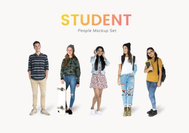 Genç öğrenci karakter mockups seti