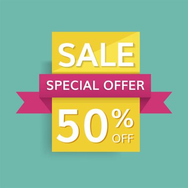 Renkli% 50 indirimli mağaza indirimli satış tanıtım rozeti vektörü