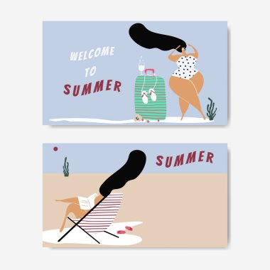 Yaz mevsimi koleksiyon vektörünün tadını çıkaran kadın karakterler