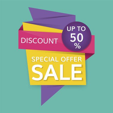 Renkli% 50 indirimli mağaza indirimli satış tanıtım rozeti vektörü