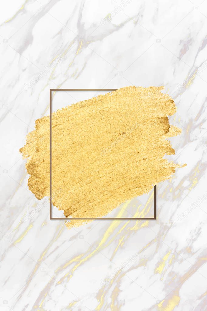 Gold paint with a golden rectangle frame on a white marble background vector