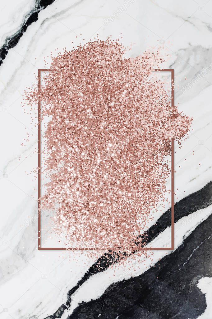 Pink gold glitter with a brownish red rhombus frame on a black and gray marble background vector