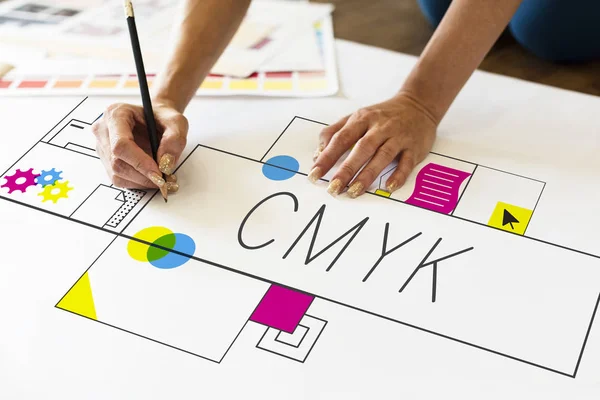 Manos Humanas Escribiendo Cmyk Creatividad — Foto de Stock