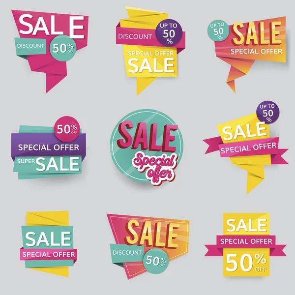 Boutique Vente Promotion Badges Publicitaires Ensemble Vectoriel — Image vectorielle
