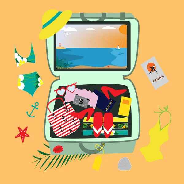 Ilustración con maleta y accesorios de viaje. Vacaciones en el concepto de playa . — Vector de stock