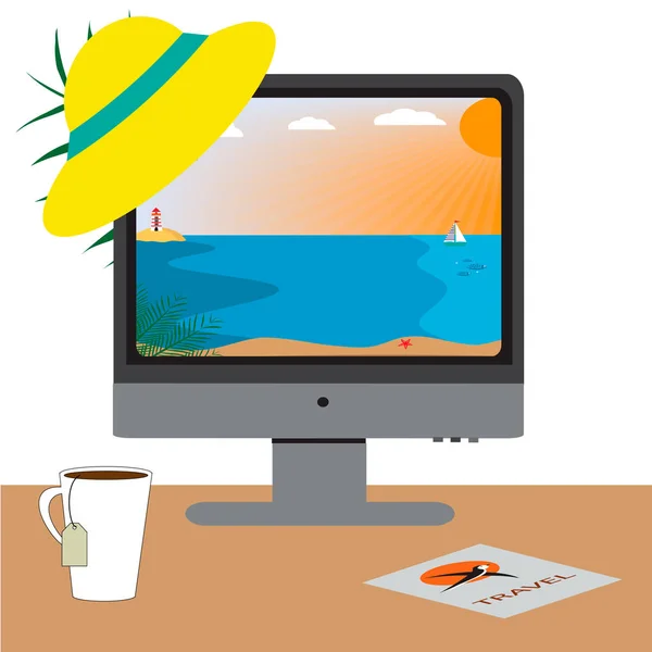 Pantalla de ordenador con playa. Viajes en línea con ordenador. ilustración vectorial, concepto de viaje en línea o reserva de viaje con ordenador . — Vector de stock