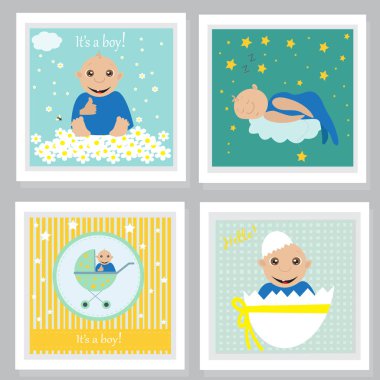 Bebek Hediyeleri Partisi Davetiyesi, tebrik kartları, poster kümesi. Vektör çizimler