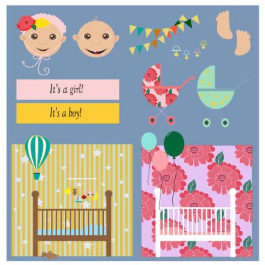 Bebek Hediyeleri Partisi Davetiyesi, tebrik kartları, poster, şablon kümesi. Vektör çizimler