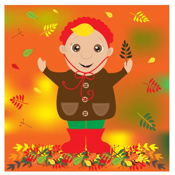 Autumn illustration with cute child with leaf in a hand — Stock Vector