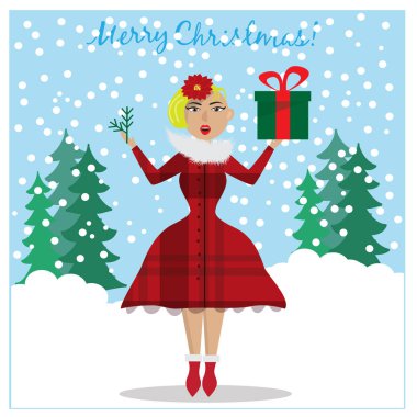 Sürpriz kız Noel hediye ve Noel ağacı dalı elinde tutan. Noel kavramı.