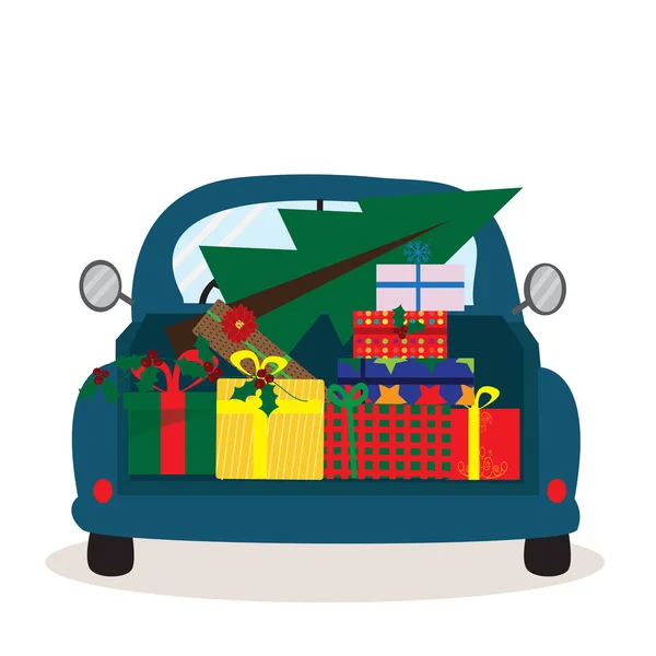 Christmas wenskaart met retro auto met geschenkdozen en kerstboom — Stockvector