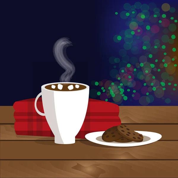 Illustration de Noël de tasse au chocolat chaud, biscuits sur l'assiette et plaid — Image vectorielle