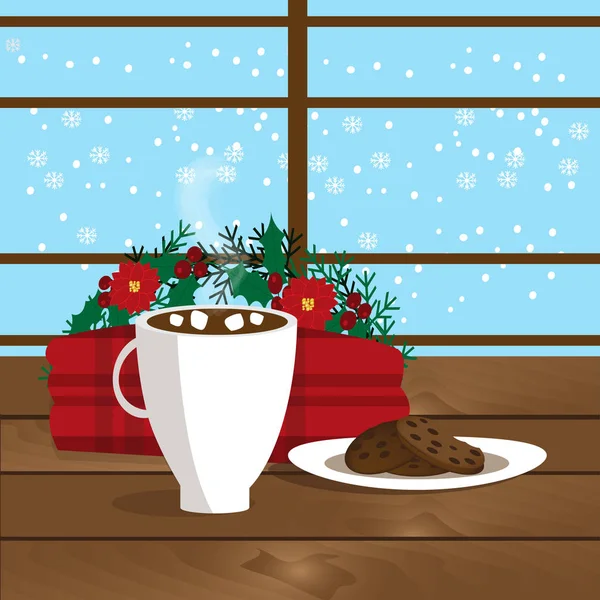 Christmas illustration of mug with hot cocoa, cookies on the plate and plaid near window — Stock Vector