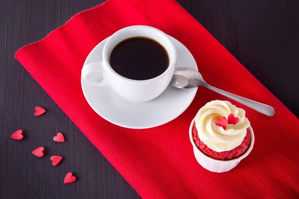 Cup Coffee Cupcake Hearts Red Napkin Wooden Table Love Theme — Stock Photo, Image