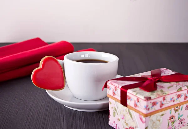 Cup Coffee Heart Shaped Cookies Gift Wooden Table — Stock Photo, Image