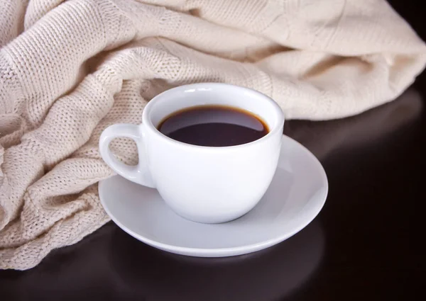 Cup Hot Coffee Plaid Wooden Table — Stock Photo, Image