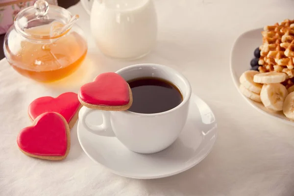 Cup Coffee Heart Shaped Cookies — Stock Photo, Image