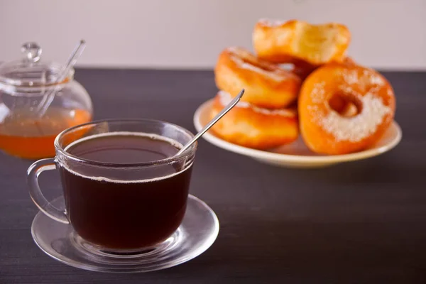 Fresh Donuts Cup Coffee Wooden Dark Table — Stock Photo, Image