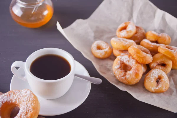Fresh Small Donuts Cup Coffee Wooden Dark Table — Stock Photo, Image