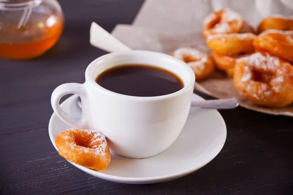 Fresh Small Donuts Cup Coffee Wooden Dark Table — Stock Photo, Image