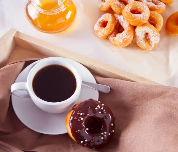 Fresh Donuts Cup Coffee Wooden White Table — Stock Photo, Image