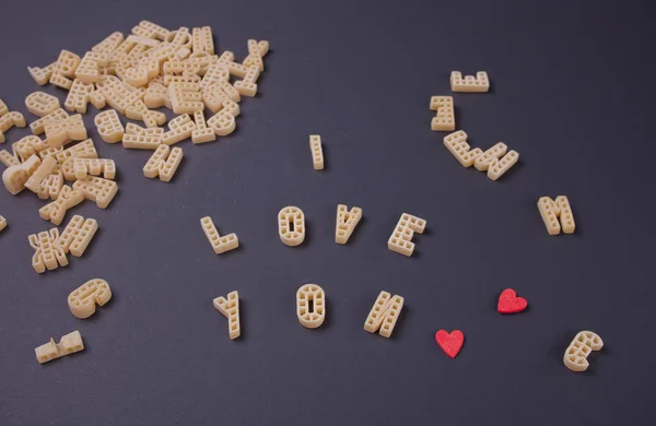 Text Den Ich Liebe Geschrieben Mit Makkaroni Form Von Buchstaben — Stockfoto