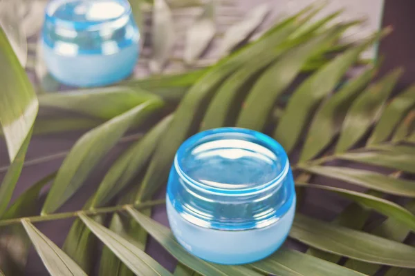 Envase azul con crema facial o corporal en la hoja de palma —  Fotos de Stock
