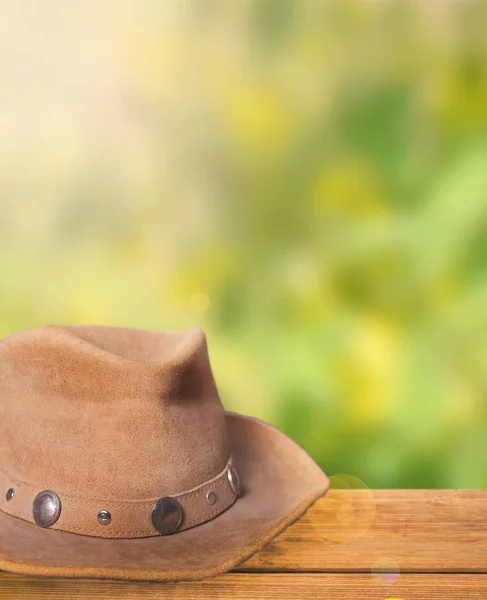 棕色牛仔帽在木桌上，背景是大自然 — 图库照片