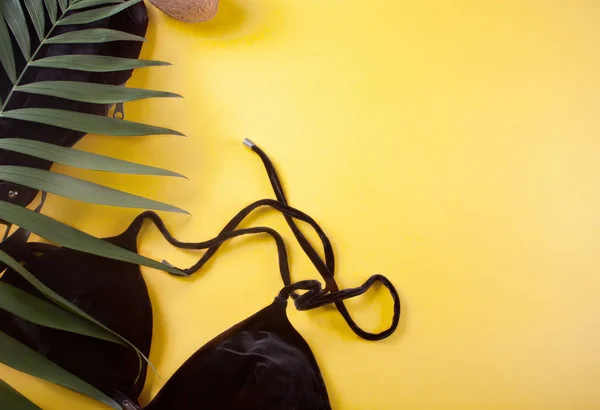 Bikini black velvet swimsuit, tropical palm leaves on yellow background. Overhead view of woman's swimwear. Copy space. — Stock Photo, Image