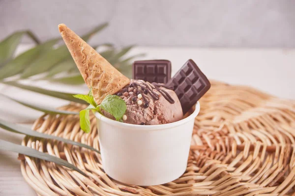 Ciotola di carta di gelato al cioccolato con piccolo cono di cialda e cioccolato — Foto Stock