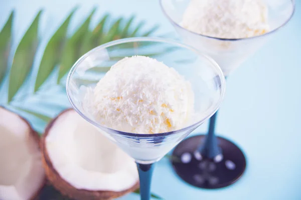 Coconut ice cream on the blue background with palm leaf and coconut