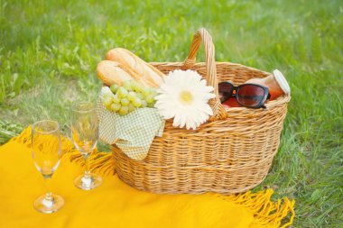 Sarı kapak, yeşil çim üzerinde yiyecek ve çiçek ile piknik sepeti şarap bardakları Closeup