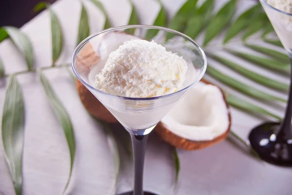 야자수 잎과 회색 배경에 코코넛 아이스크림 — 스톡 사진