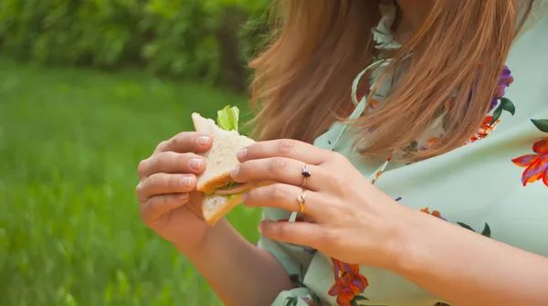Mulher no piquenique segura sandvich em uma mão . — Fotografia de Stock