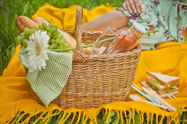 Frau sitzt auf dem gelben Deckel mit Picknickkorb mit Essen, Früchten, Weingläsern, Blume — Stockfoto