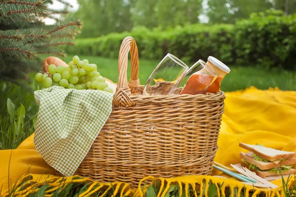 緑の草の黄色いカバーに食べ物、果物や花とピクニックバスケットのクローズアップ — ストック写真