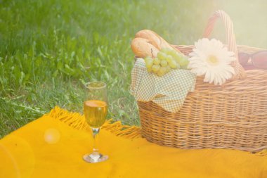 Sarı kapak, yeşil çim üzerinde yiyecek ve çiçek ile piknik sepeti şarap kadehi Closeup