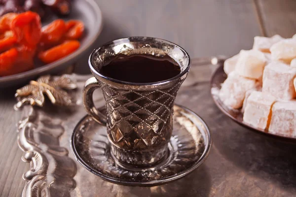 Turkish tea in cup on the metal tray — Stock Photo, Image