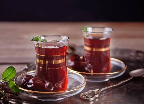 Turkish tea in traditional glass cups on the tray — Stock Photo, Image