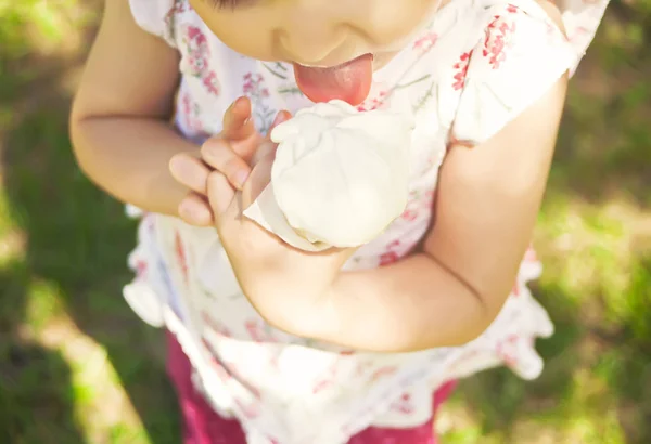 Uma menina a comer gelado. Criança engraçada com sorvete ao ar livre . — Fotografia de Stock