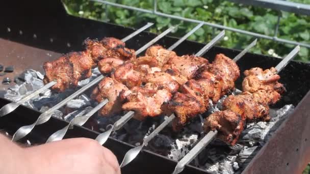 一个男人的手旋转着斜线 希什烤肉串 鸡肉或羊肉片在木炭烤架上煎炸 在休息期间炸烤肉片 — 图库视频影像
