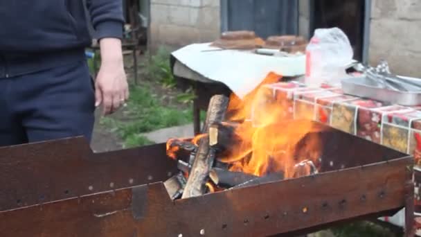 Plamen Vycházející Hořícího Dřeva Dřevěného Uhlí Mangalu Zahradě — Stock video