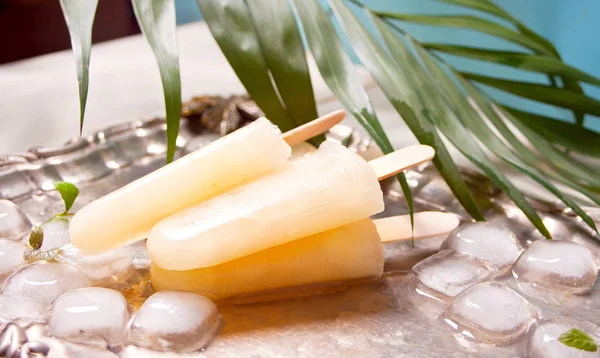 Házi dinnye popsicles jég ellen Vintage fém tálca háttér — Stock Fotó