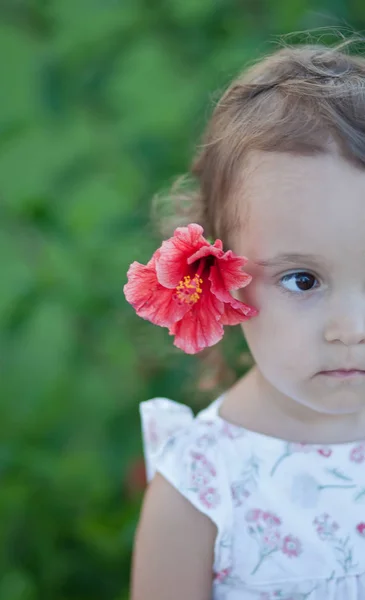 Menina criança com flor vermelha atrás de sua orelha — Fotografia de Stock